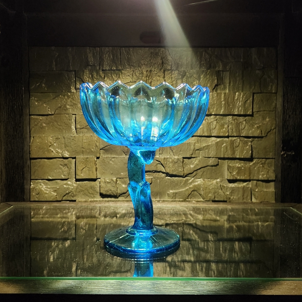 Indiana Glass Aqua Blue Footed Lotus Compote / Candy Dish - Picture 14 of 16